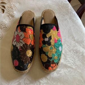 ANTHROPOLOGIE Sequin Floral Embroidered Espadrille Mule Slides